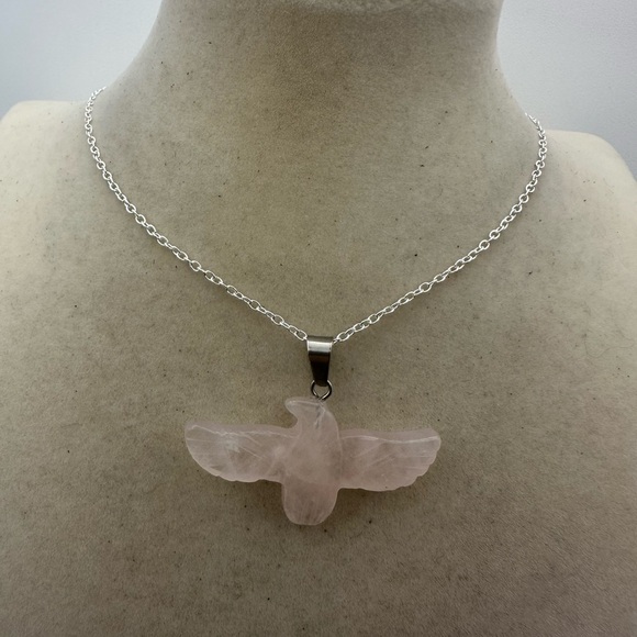 Rose Quartz Eagle Pendant Necklace on Silver Plated Box Chain - Picture 3 of 5